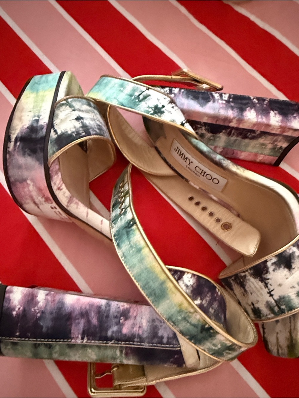 Jimmy Choo like new Multicolor Watercolor Print Platform Sandals with Gold Trim